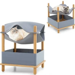 Katzenhaus 2 Etagen Bambus erhöhtes Katzenbett mit Stauraum 40 x 40 x 53 cm Natur+Grau