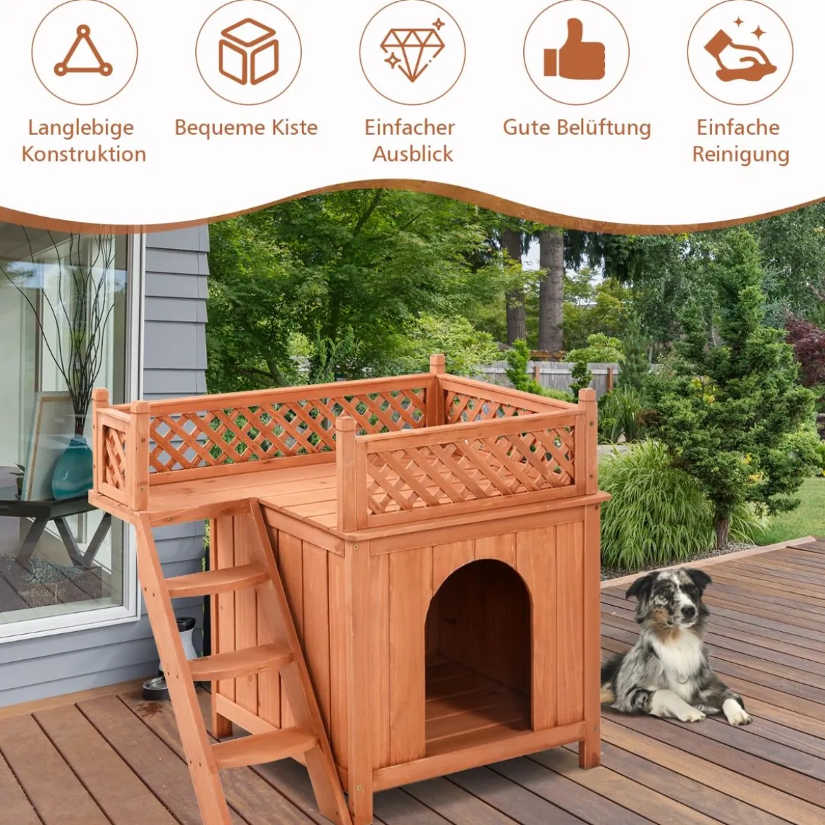 Katzenhaus Hundehütte Holz Hundehaus mit Treppe zweistöckig Kleintierhaus für Hunde und Katzen