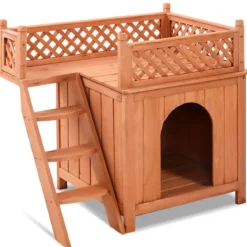 Katzenhaus Hundehütte Holz Hundehaus mit Treppe zweistöckig Kleintierhaus für Hunde und Katzen