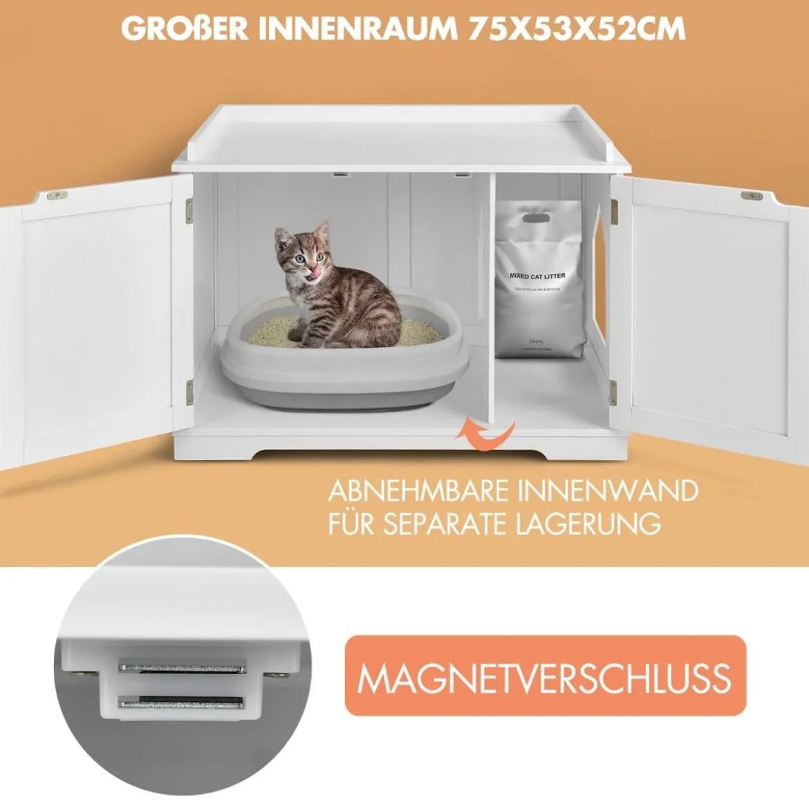 Katzenhaus Katzenhöhle mit Bett Geschlossene Katzentoilette mit Eingang Weiß