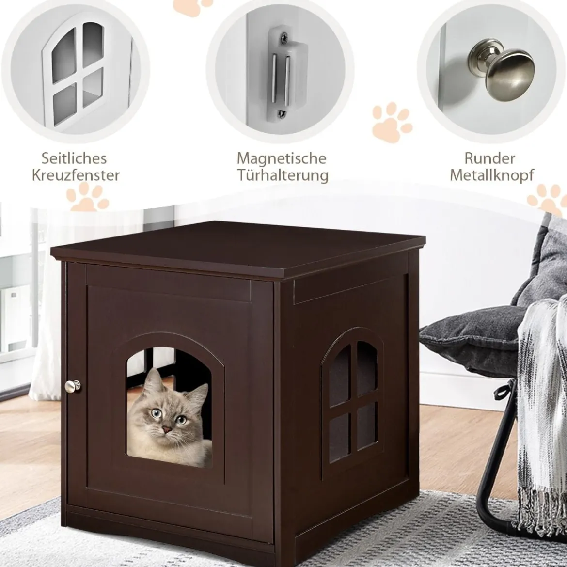 Katzenhaus Katzenklo mit magnetischer Tür Kleintierhaus Katzentoilette Holz 49 x 53 x 53 cm Braun