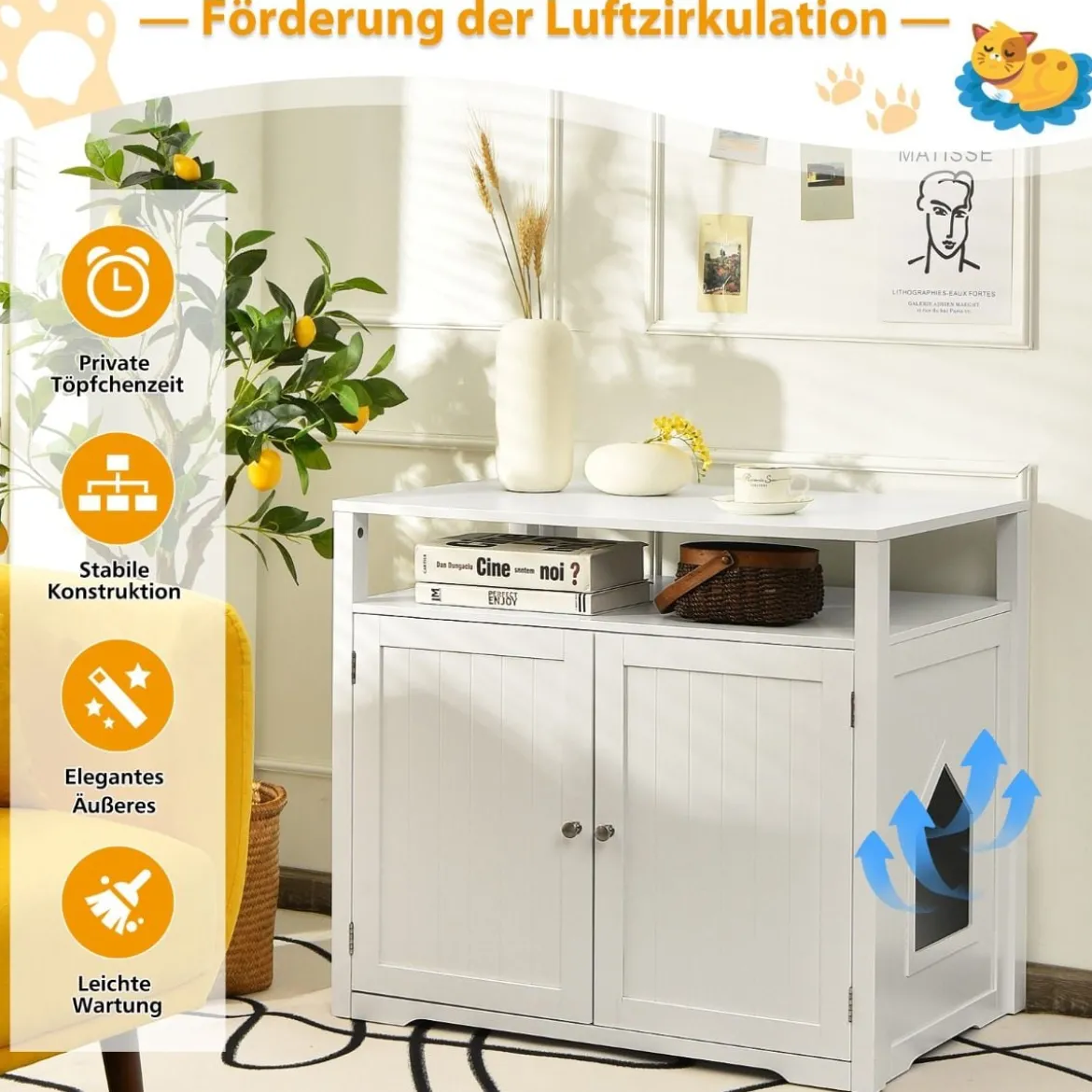 Katzenhaus Katzenklo Schrank Katzenhöhle mit Eingang Bettund Ablage Katzentoilette Haustierbox Weiß