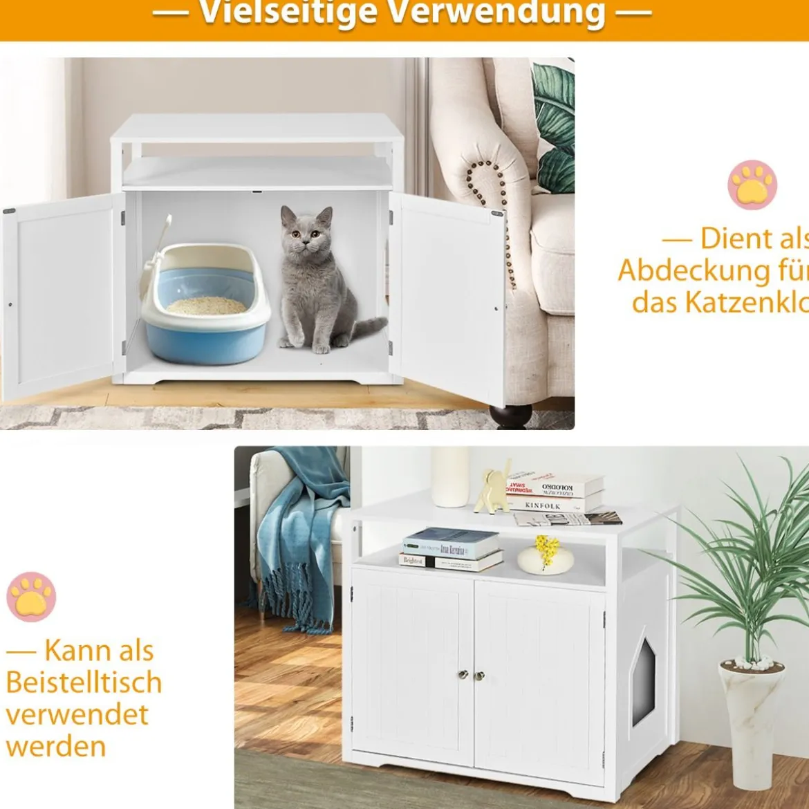 Katzenhaus Katzenklo Schrank Katzenhöhle mit Eingang Bettund Ablage Katzentoilette Haustierbox Weiß