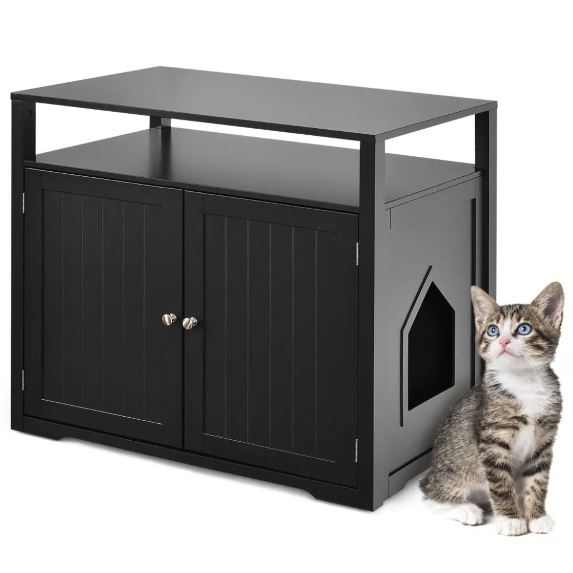 Katzenhaus Katzenklo Schrank Katzenhöhle mit Eingang Bettund Ablage Katzentoilette Haustierbox Schwarz