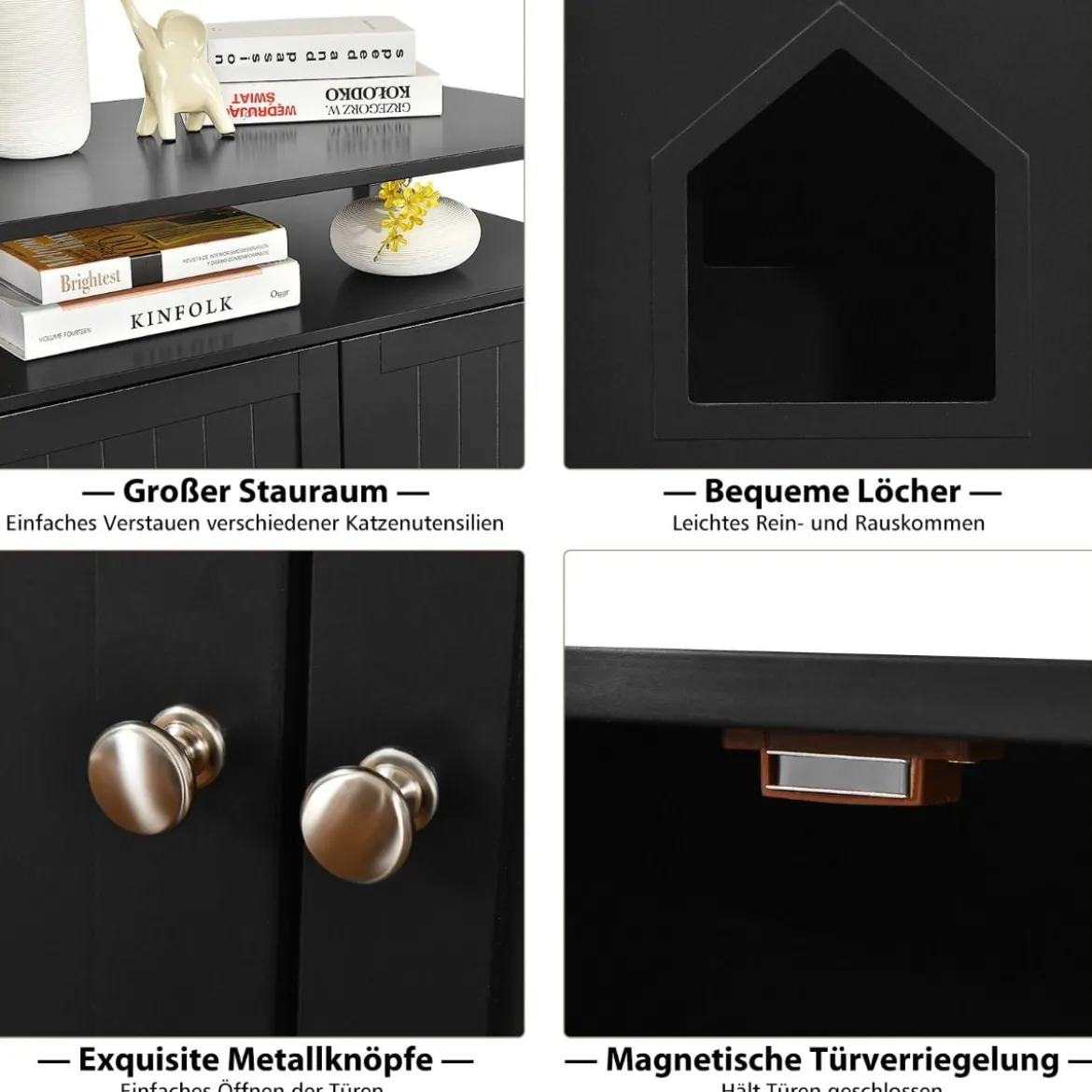 Katzenhaus Katzenklo Schrank Katzenhöhle mit Eingang Bettund Ablage Katzentoilette Haustierbox Schwarz