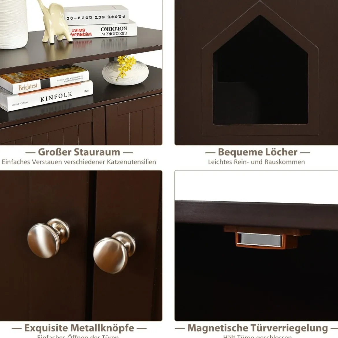 Katzenhaus Katzenklo Schrank Katzenhöhle mit Eingang Bettund Ablage Katzentoilette Haustierbox Braun