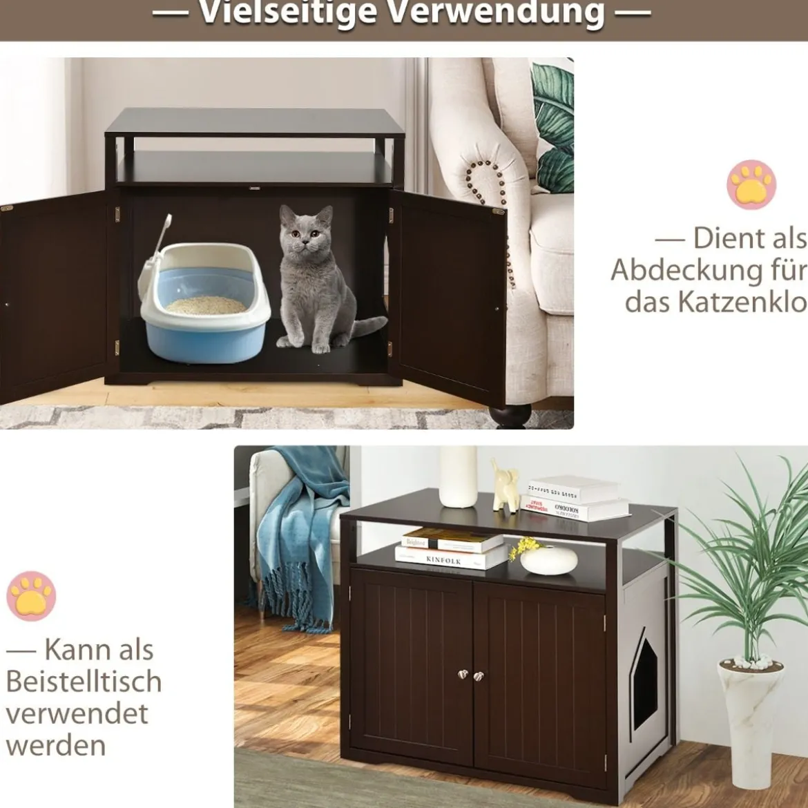 Katzenhaus Katzenklo Schrank Katzenhöhle mit Eingang Bettund Ablage Katzentoilette Haustierbox Braun