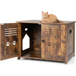 Katzenhaus Katzentoilette mit Doppelten Lamellentüren Katzenschrank 70 x 52 x 51 cm Braun