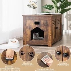 Katzenhaus Katzentoilette mit Doppelten Lamellentüren Katzenschrank 70 x 52 x 51 cm Braun