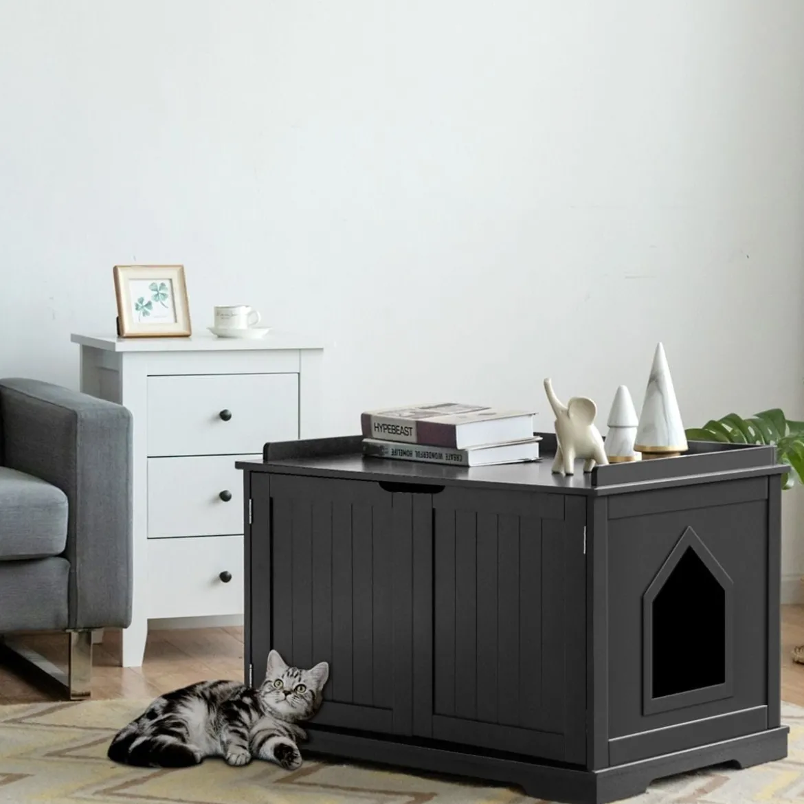 Katzenhaus mit Bett Innenkatzenhaus geschlossene Katzentoilette mit Eingang Schwarz