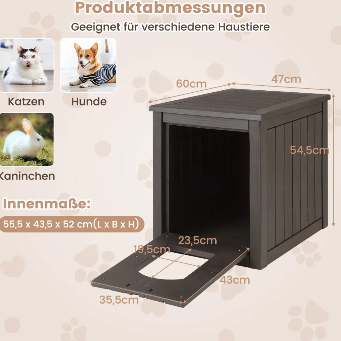 Katzenhaus mit Klapptür & Erhöhtem Boden Katzenklo Schrank aus PP Katzentoilette Grau