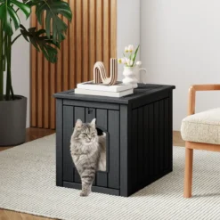 Katzenhaus mit Klapptür & Erhöhtem Boden Katzenklo Schrank aus PP KatzentoiletteSchwarz