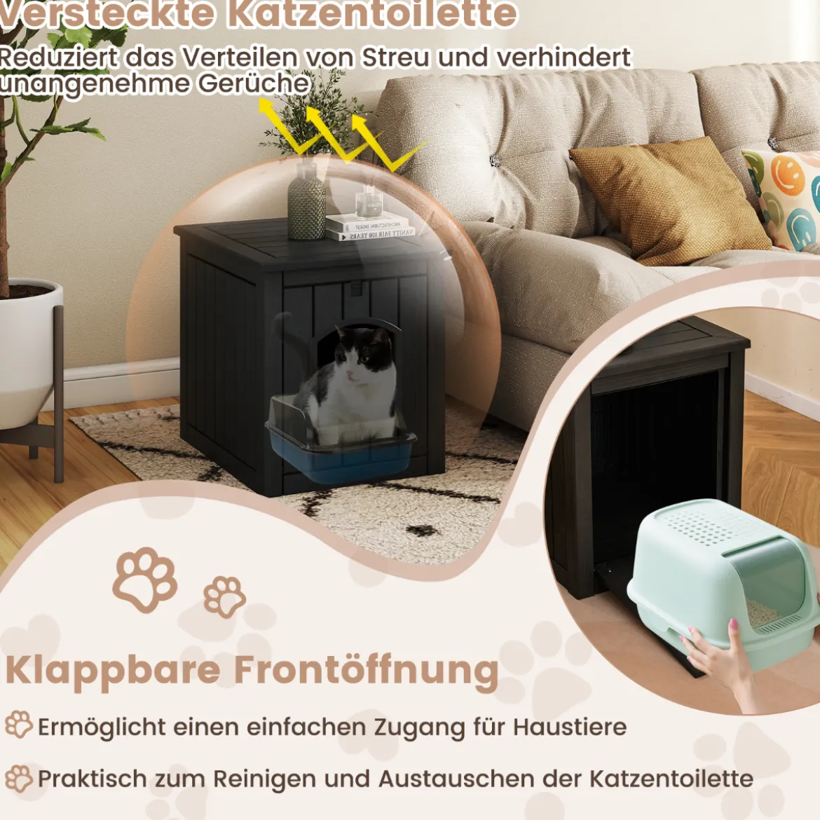 Katzenhaus mit Klapptür & Erhöhtem Boden Katzenklo Schrank aus PP KatzentoiletteSchwarz