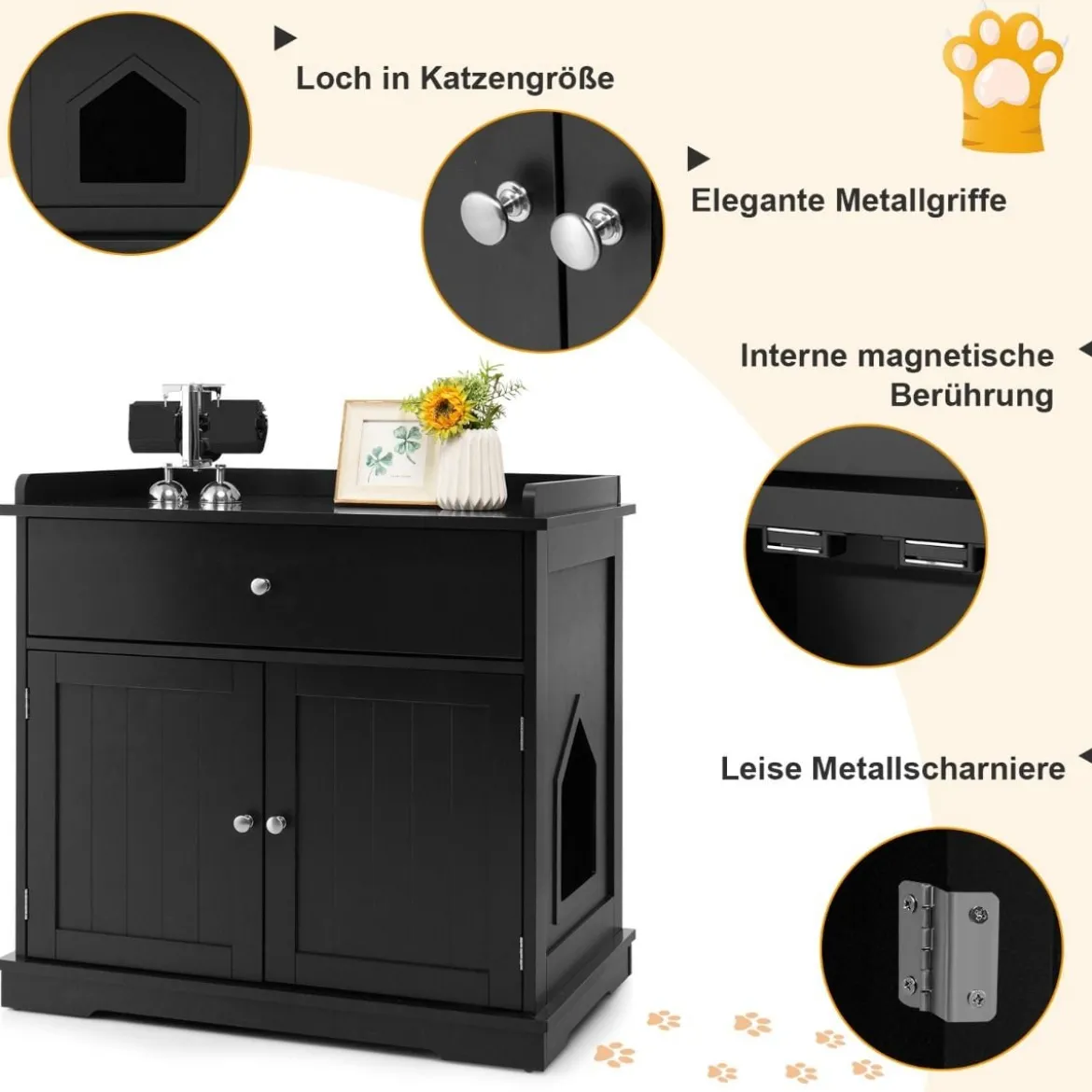 Katzenhaus mit Schublade und 2 Türen 3-in-1 Katzenhaus Katzentoilette Beistelltisch Schwarz