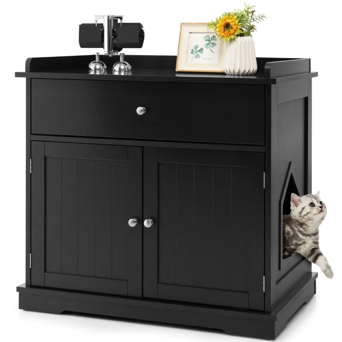 Katzenhaus mit Schublade und 2 Türen 3-in-1 Katzenhaus Katzentoilette Beistelltisch Schwarz