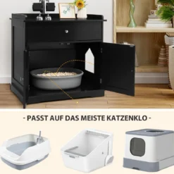 Katzenhaus mit Schublade und 2 Türen 3-in-1 Katzenhaus Katzentoilette Beistelltisch Schwarz