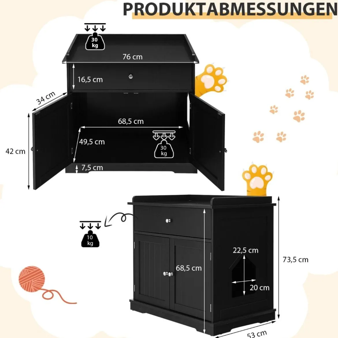 Katzenhaus mit Schublade und 2 Türen 3-in-1 Katzenhaus Katzentoilette Beistelltisch Schwarz
