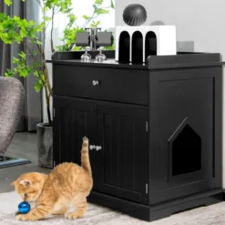 Katzenhaus mit Schublade und 2 Türen 3-in-1 Katzenhaus Katzentoilette Beistelltisch Schwarz