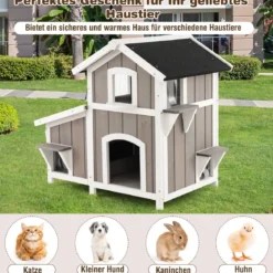 Katzenhaus Outdoor 2-stöckige Katzenhütte Katzenvilla mit Asphaltdach Grau 100 x 64 x 82,5 cm