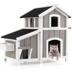 Katzenhaus Outdoor 2-stöckige Katzenhütte Katzenvilla mit Asphaltdach Grau 100 x 64 x 82,5 cm