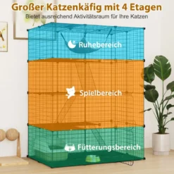 Katzenkäfig 4-stöckig große Katzengehege mit Hängematte 3 Leitern 4 Türen & Dachfenster