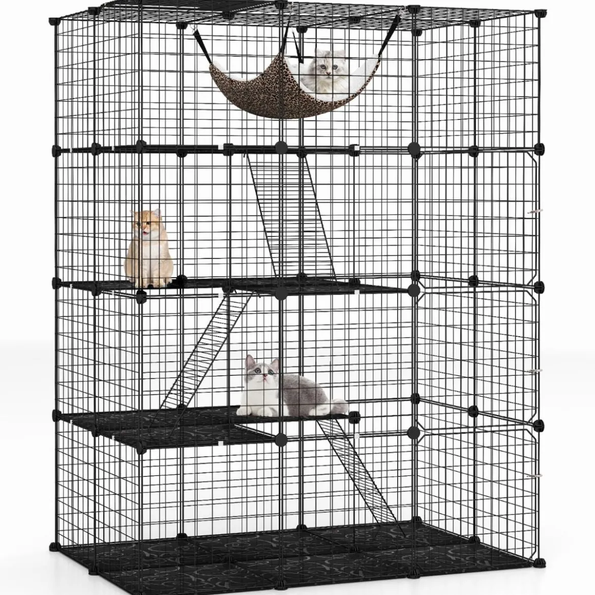 Katzenkäfig 4-stöckig große Katzengehege mit Hängematte 3 Leitern 4 Türen & Dachfenster