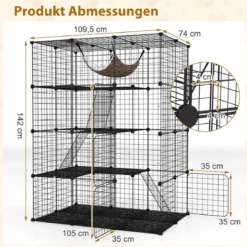 Katzenkäfig 4-stöckig große Katzengehege mit Hängematte 3 Leitern 4 Türen & Dachfenster