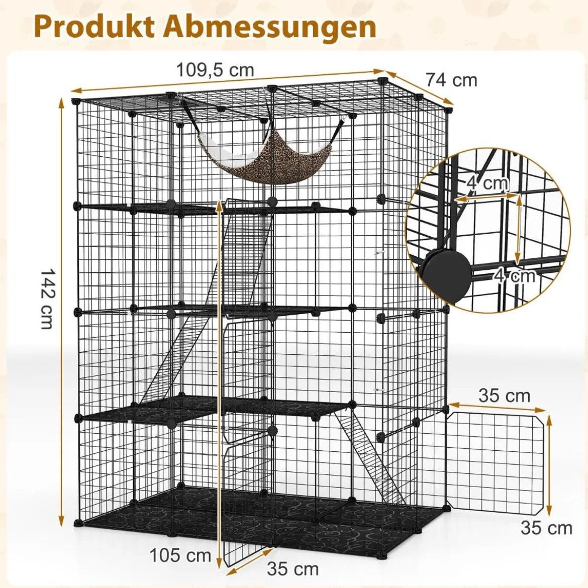 Katzenkäfig 4-stöckig große Katzengehege mit Hängematte 3 Leitern 4 Türen & Dachfenster