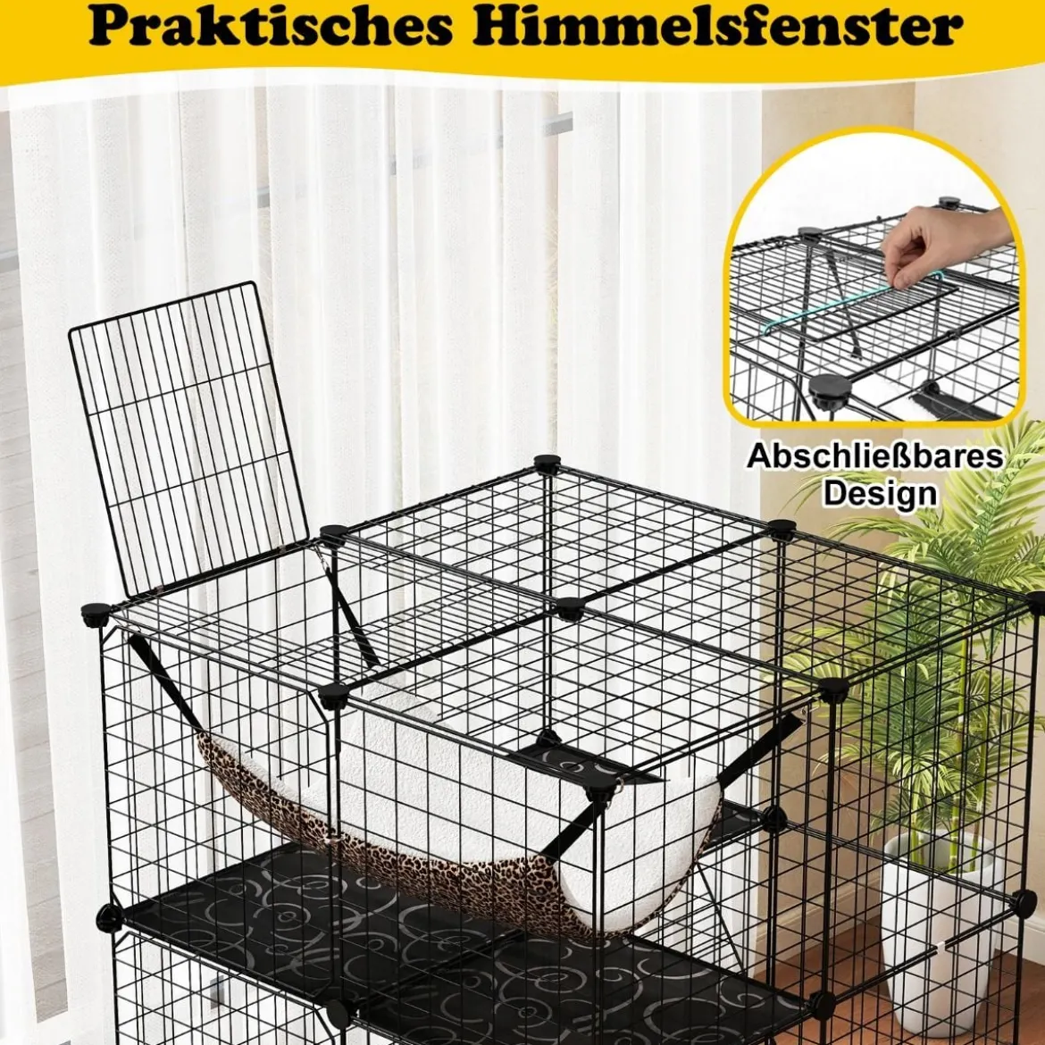 Katzenkäfig 3-stöckig große Katzengehege mit Hängematte 2 Leitern 3 Türen & Dachfenster 74 x 74 x 107 cm