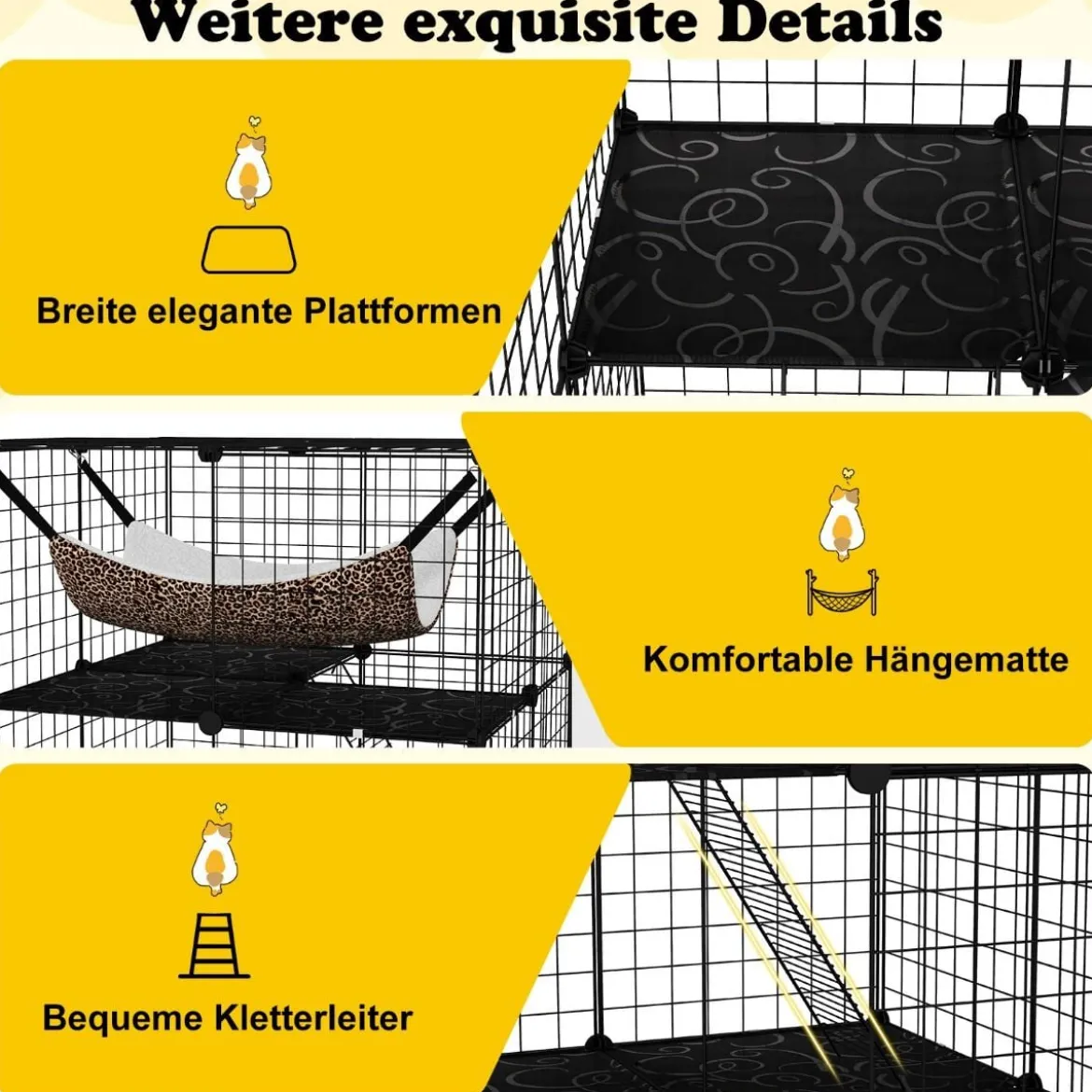 Katzenkäfig 3-stöckig große Katzengehege mit Hängematte 2 Leitern 3 Türen & Dachfenster 74 x 74 x 107 cm
