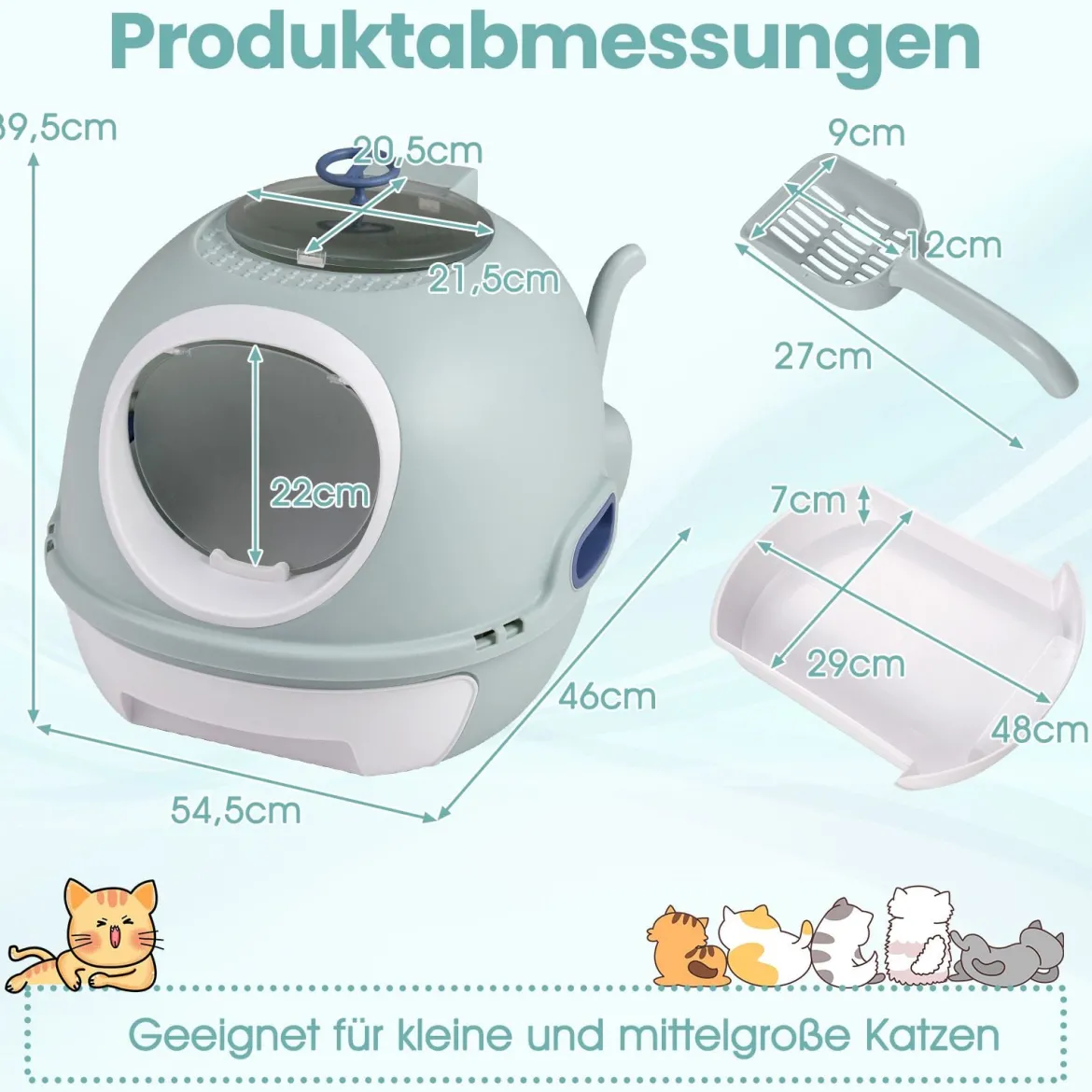 Katzenklo mit Deckel & Ausziehbarem Tablett & Schaufel & Frontöffnung Katzentoilette Blau