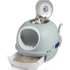 Katzenklo mit Deckel & Ausziehbarem Tablett & Schaufel & Frontöffnung Katzentoilette Blau