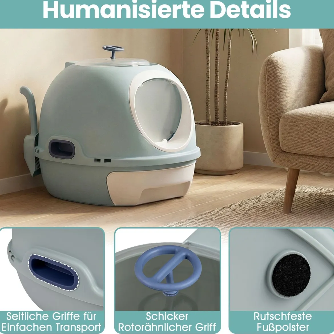 Katzenklo mit Deckel & Ausziehbarem Tablett & Schaufel & Frontöffnung Katzentoilette Blau
