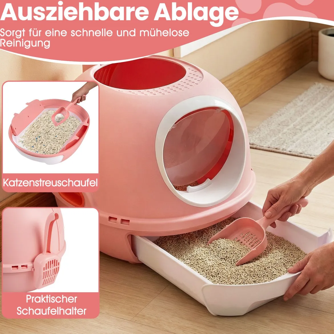 Katzenklo mit Deckel & Ausziehbarem Tablett & Schaufel & Frontöffnung Katzentoilette Rosa