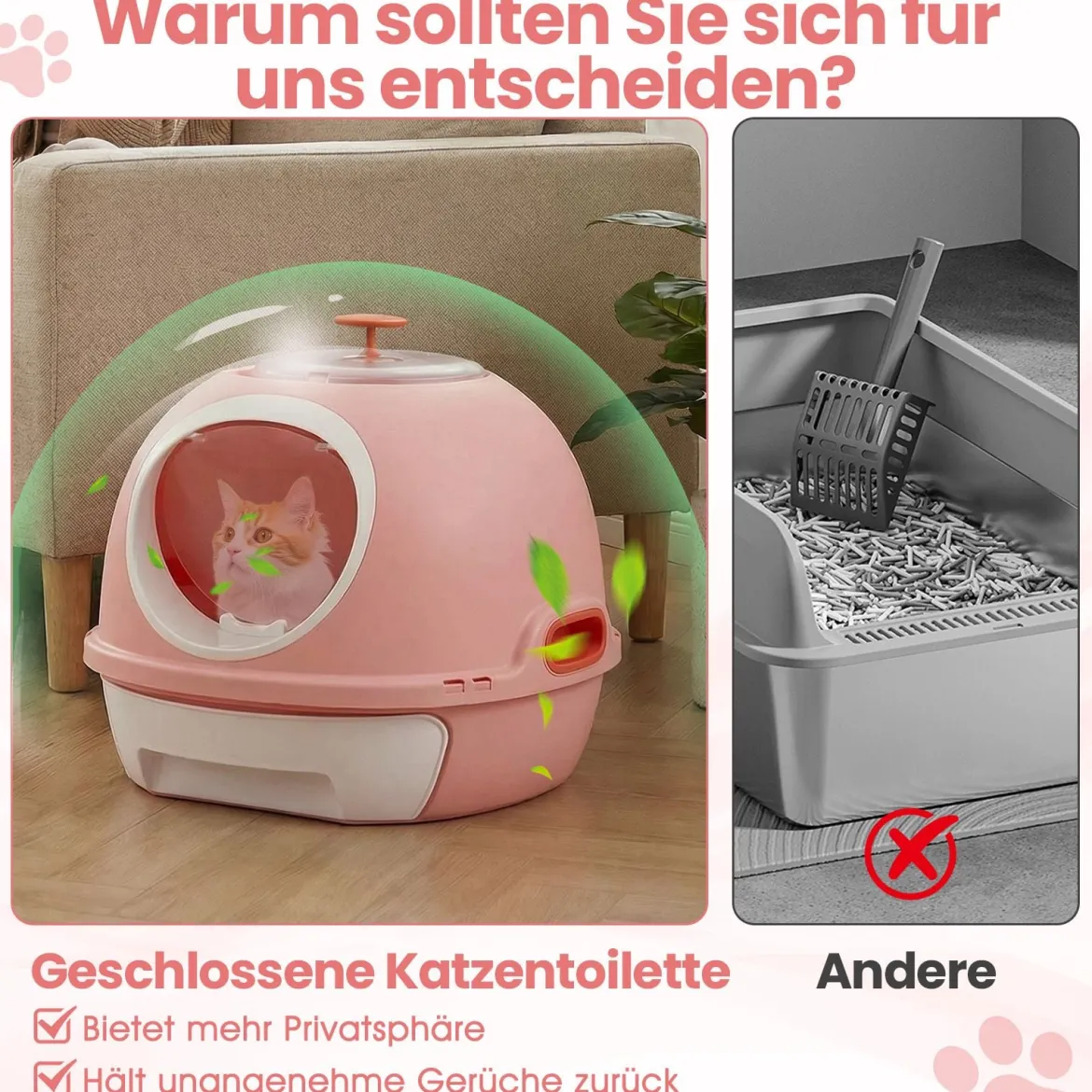 Katzenklo mit Deckel & Ausziehbarem Tablett & Schaufel & Frontöffnung Katzentoilette Rosa