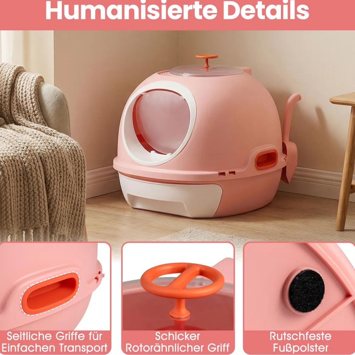 Katzenklo mit Deckel & Ausziehbarem Tablett & Schaufel & Frontöffnung Katzentoilette Rosa