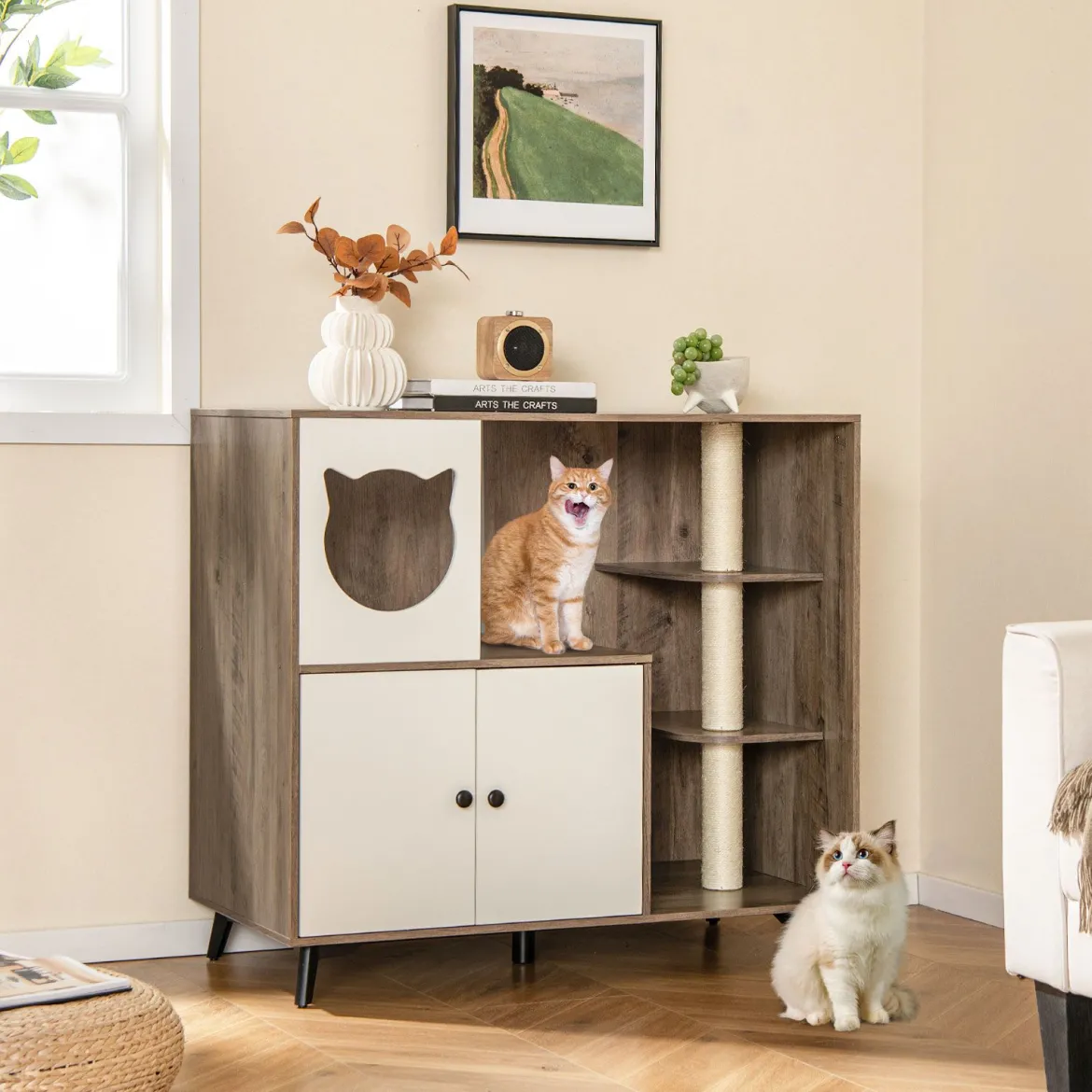 Katzenklo Schrank mit 3 Sisal-Kratzbäumen Katzentoilette Schrank mit 5 Metallstützbeinen Grau+Weiß