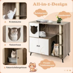 Katzenklo Schrank mit 3 Sisal-Kratzbäumen Katzentoilette Schrank mit 5 Metallstützbeinen Grau+Weiß