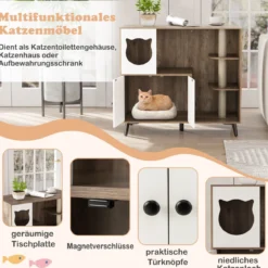 Katzenklo Schrank mit 3 Sisal-Kratzbäumen Katzentoilette Schrank mit 5 Metallstützbeinen Grau+Weiß