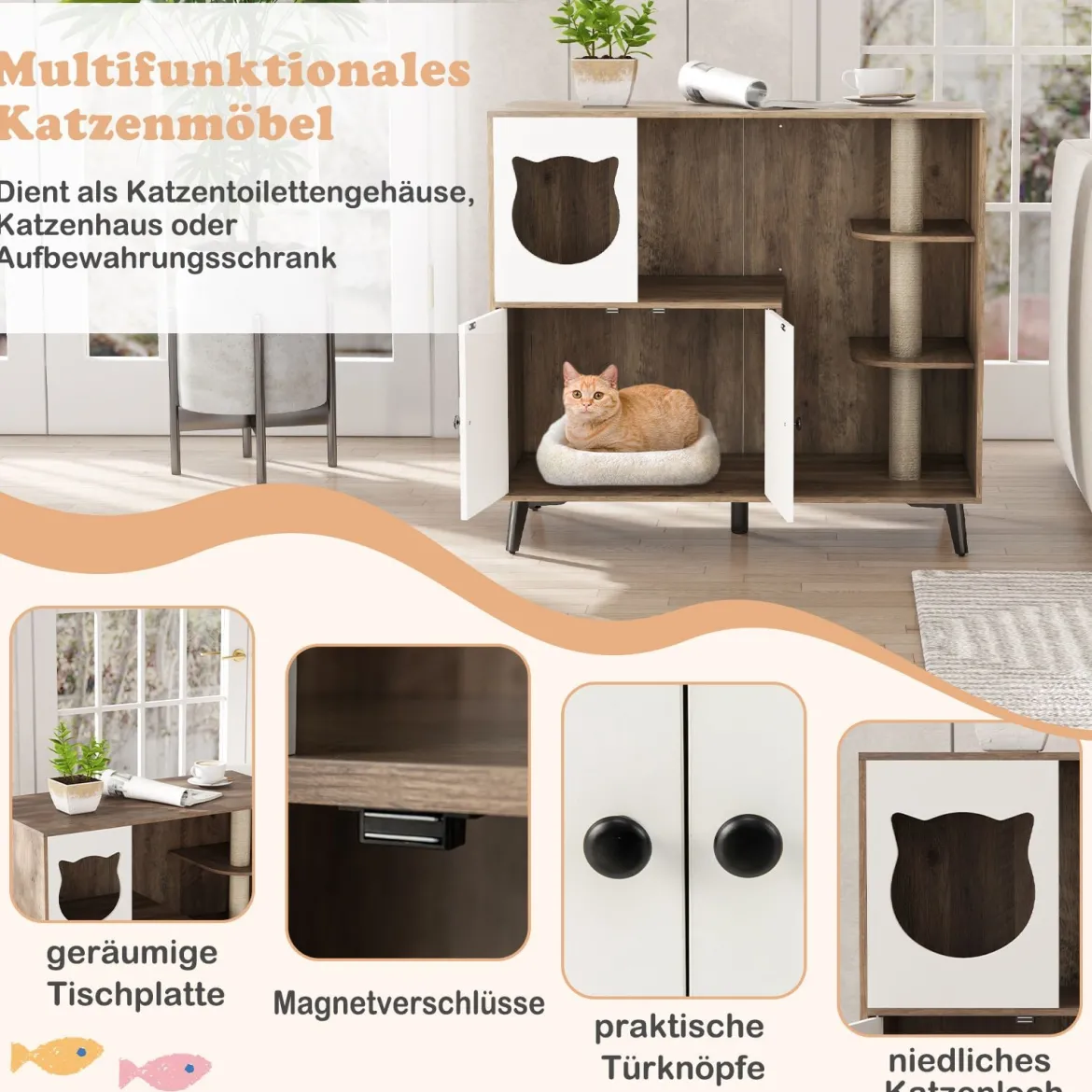 Katzenklo Schrank mit 3 Sisal-Kratzbäumen Katzentoilette Schrank mit 5 Metallstützbeinen Grau+Weiß