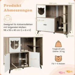 Katzenklo Schrank mit 3 Sisal-Kratzbäumen Katzentoilette Schrank mit 5 Metallstützbeinen Grau+Weiß
