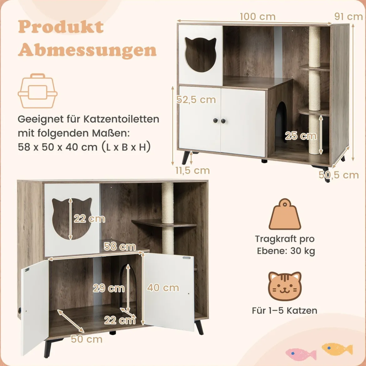 Katzenklo Schrank mit 3 Sisal-Kratzbäumen Katzentoilette Schrank mit 5 Metallstützbeinen Grau+Weiß