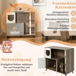 Katzenklo Schrank mit 3 Sisal-Kratzbäumen Katzentoilette Schrank mit 5 Metallstützbeinen Grau+Weiß