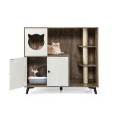 Katzenklo Schrank mit 3 Sisal-Kratzbäumen Katzentoilette Schrank mit 5 Metallstützbeinen Grau+Weiß