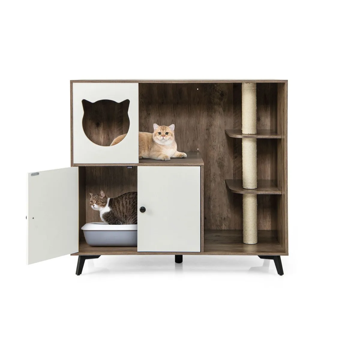 Katzenklo Schrank mit 3 Sisal-Kratzbäumen Katzentoilette Schrank mit 5 Metallstützbeinen Grau+Weiß