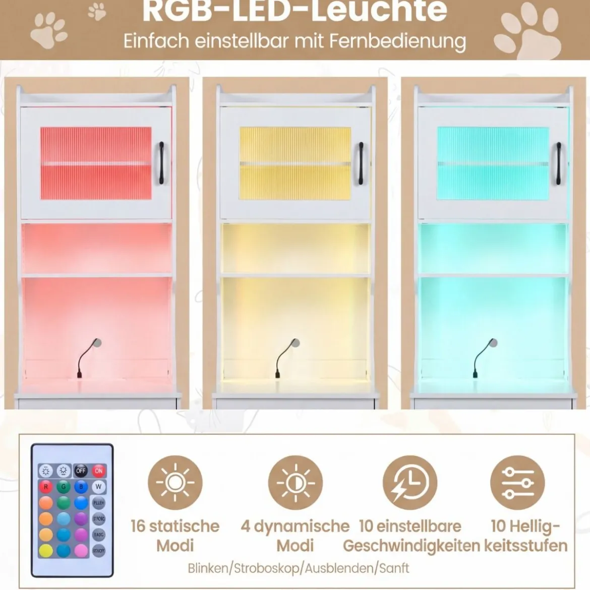 Katzenklo Schrank mit Verstellbarem LED-Licht & Regal & Ladestation & Schublade Katzentoilette Weiß