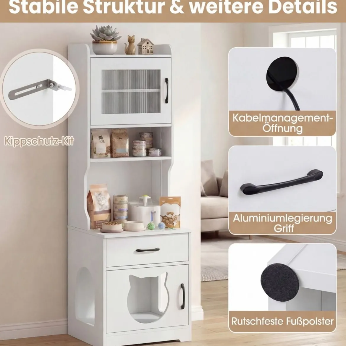 Katzenklo Schrank mit Verstellbarem LED-Licht & Regal & Ladestation & Schublade Katzentoilette Weiß