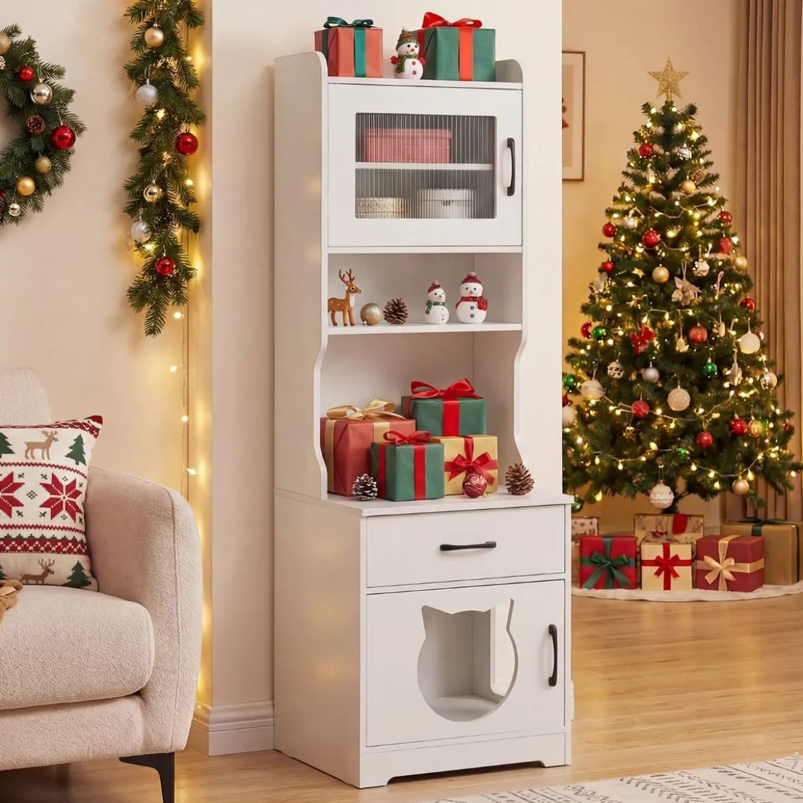 Katzenklo Schrank mit Verstellbarem LED-Licht & Regal & Ladestation & Schublade Katzentoilette Weiß