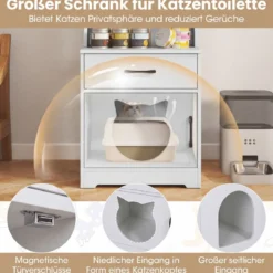 Katzenklo Schrank mit Verstellbarem LED-Licht & Regal & Ladestation & Schublade Katzentoilette Weiß
