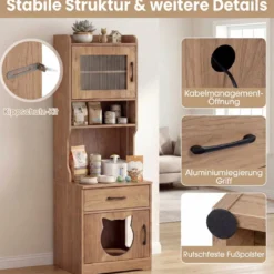 Katzenklo Schrank mit Verstellbarem LED-Licht & Regal & Ladestation & Schublade Katzentoilette Natur